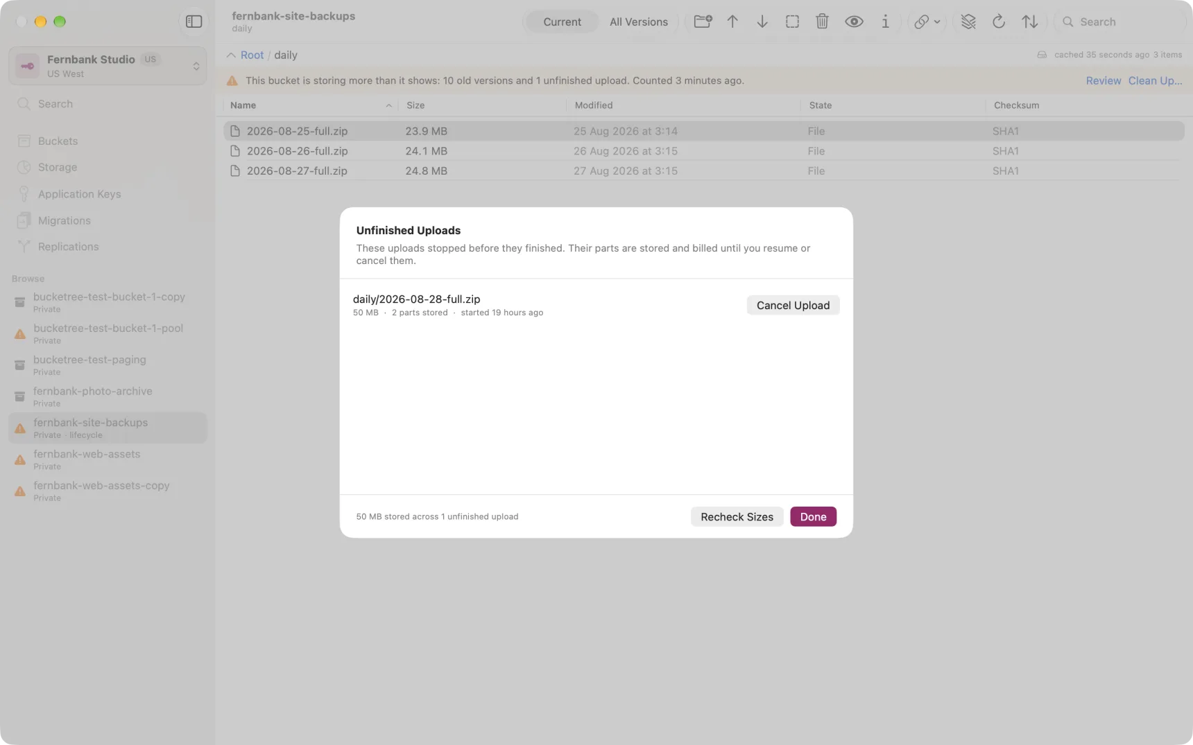The Unfinished Uploads sheet, listing each stranded upload with its size, part count and age.