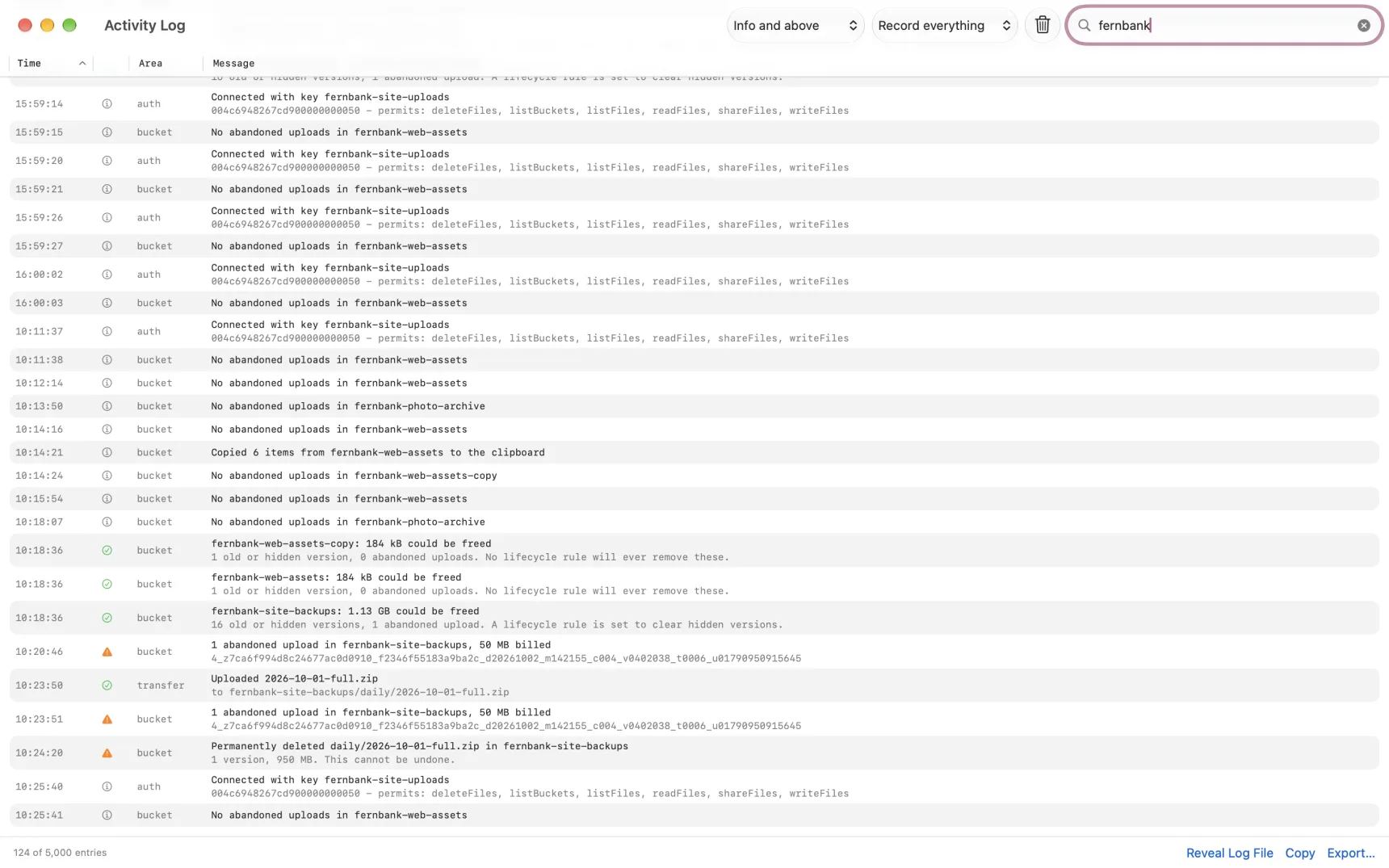 The Activity Log, with entries at several levels and the filters that narrow them.