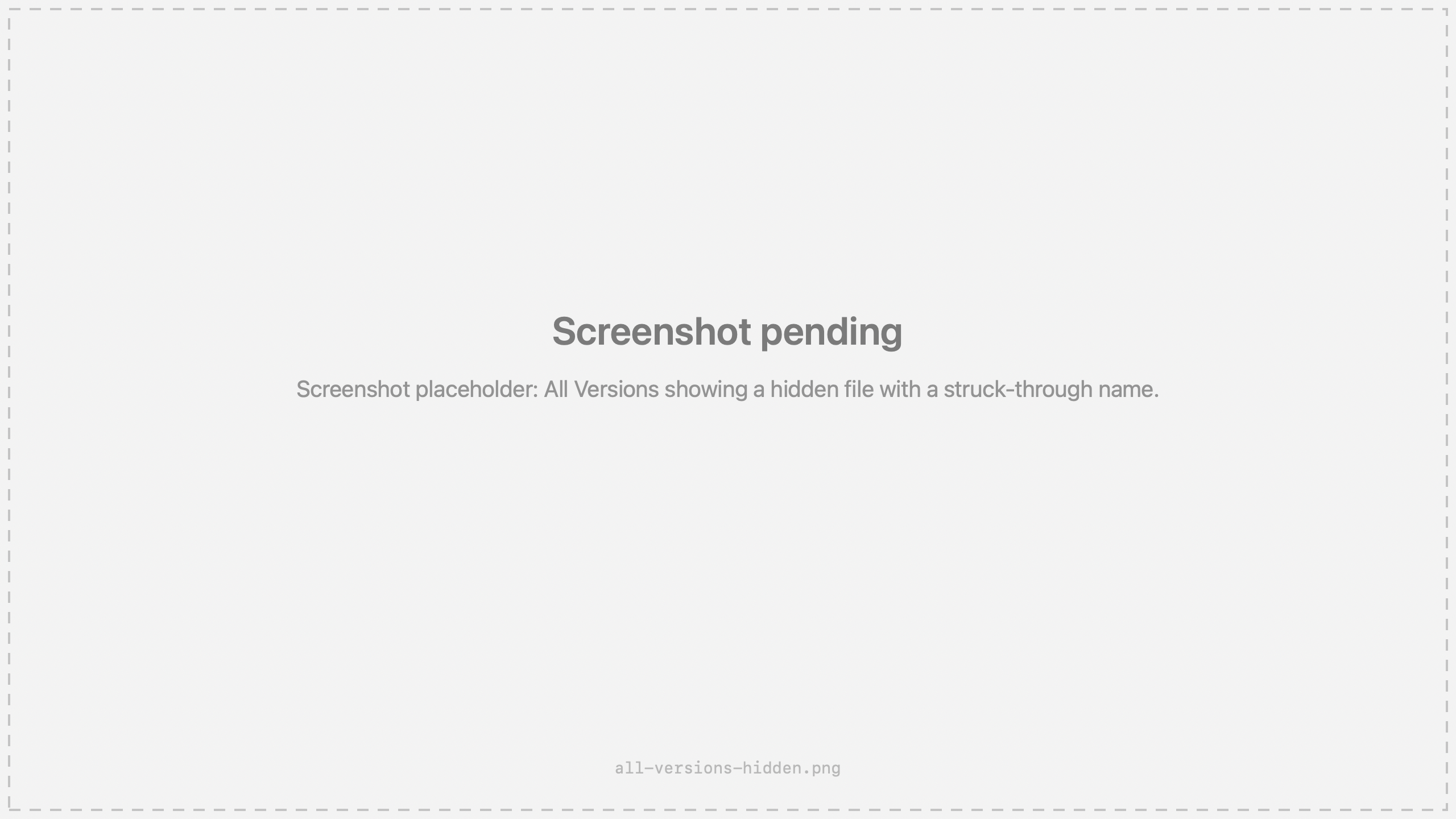 Screenshot placeholder: All Versions showing a hidden file with a struck-through name.