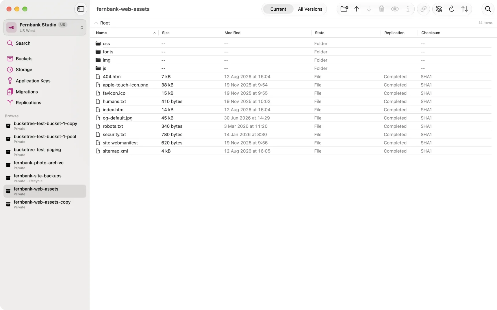 A bucket open, showing folders and files with Size, Modified, State and Checksum columns.