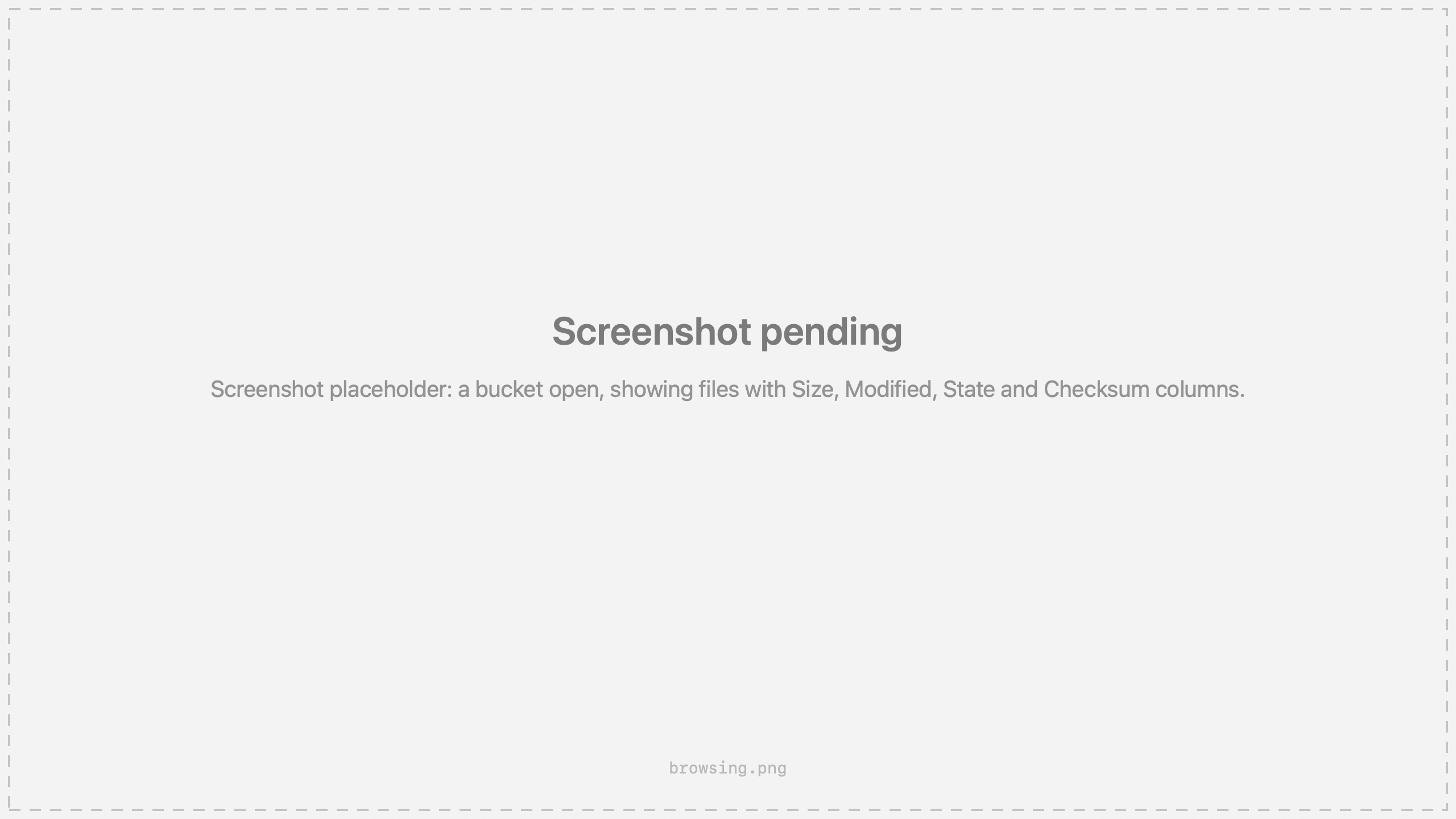 Screenshot placeholder: a bucket open, showing files with Size, Modified, State and Checksum columns.