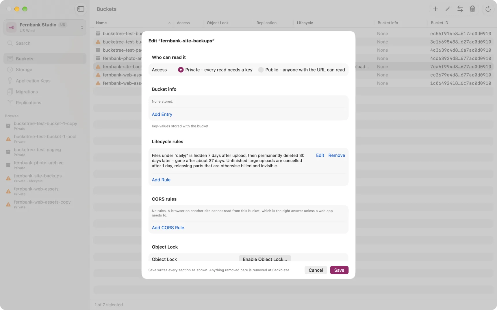 The bucket settings sheet, showing Access, Bucket info, Lifecycle rules and CORS rules. Object Lock and Encryption follow below.