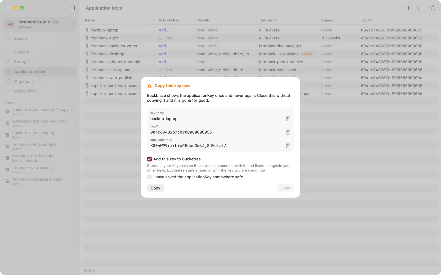 The created-key window, with keyName, keyID and applicationKey, shown once and never again.