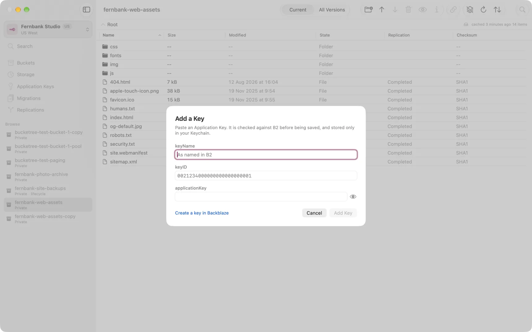 The key sheet that Connect opens, with the keyName, keyID and applicationKey fields empty.