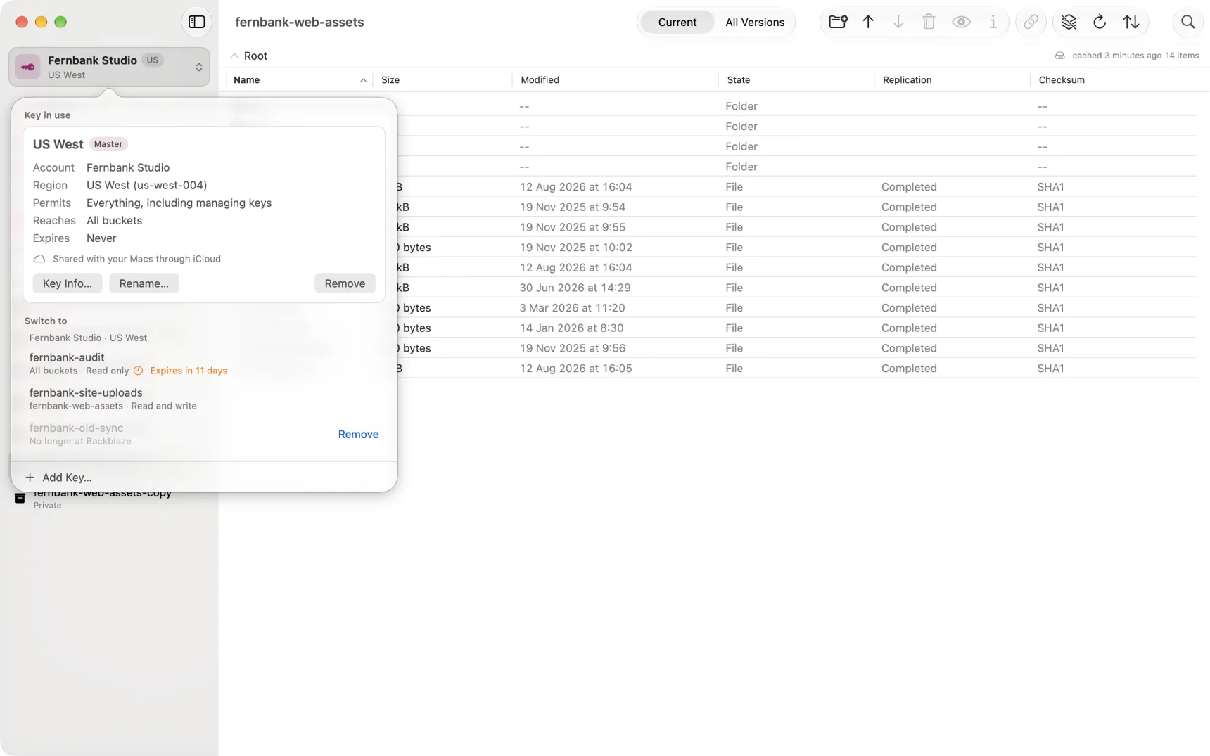 The key switcher open: the key in use described in full, and the other keys on the account listed beneath it.