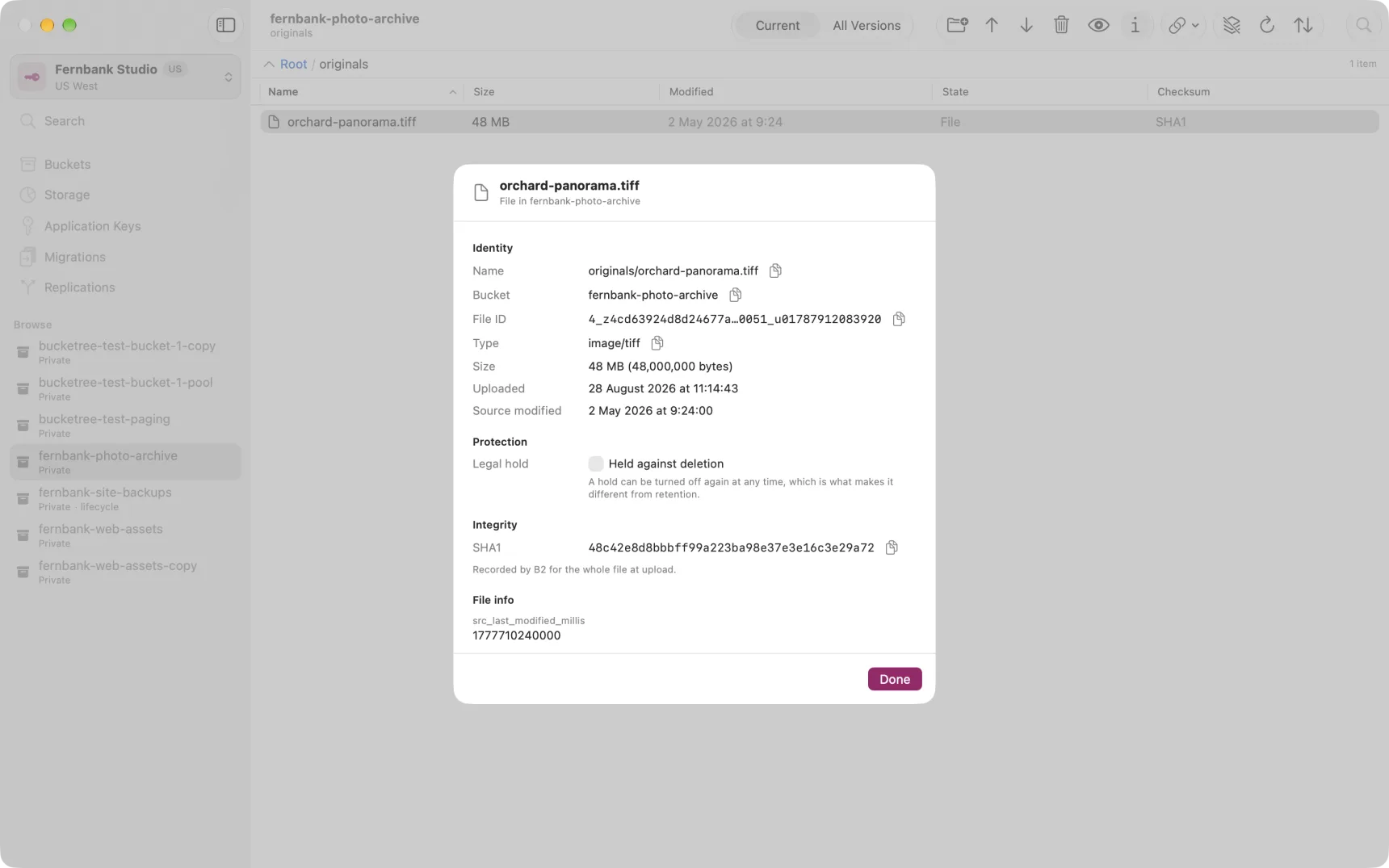 Get Info, with the legal hold toggle under Protection.