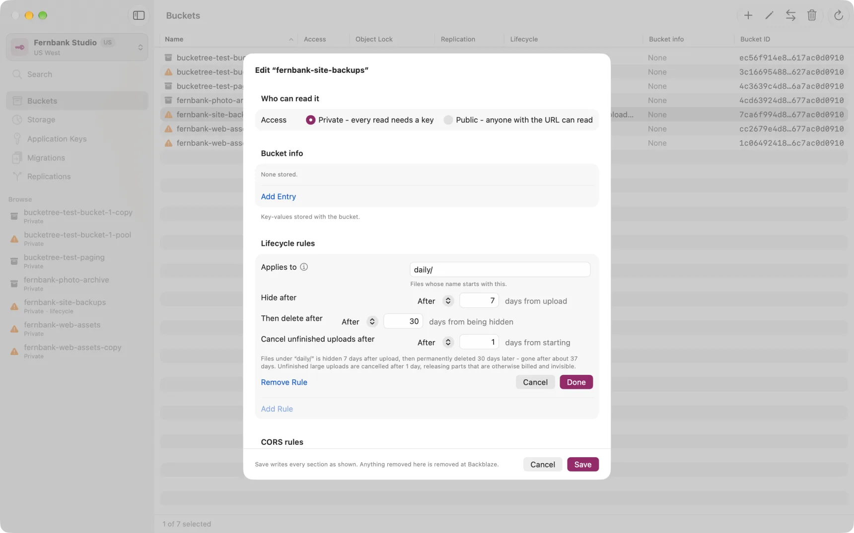 A lifecycle rule open for editing, with the three day fields and the sentence they produce.