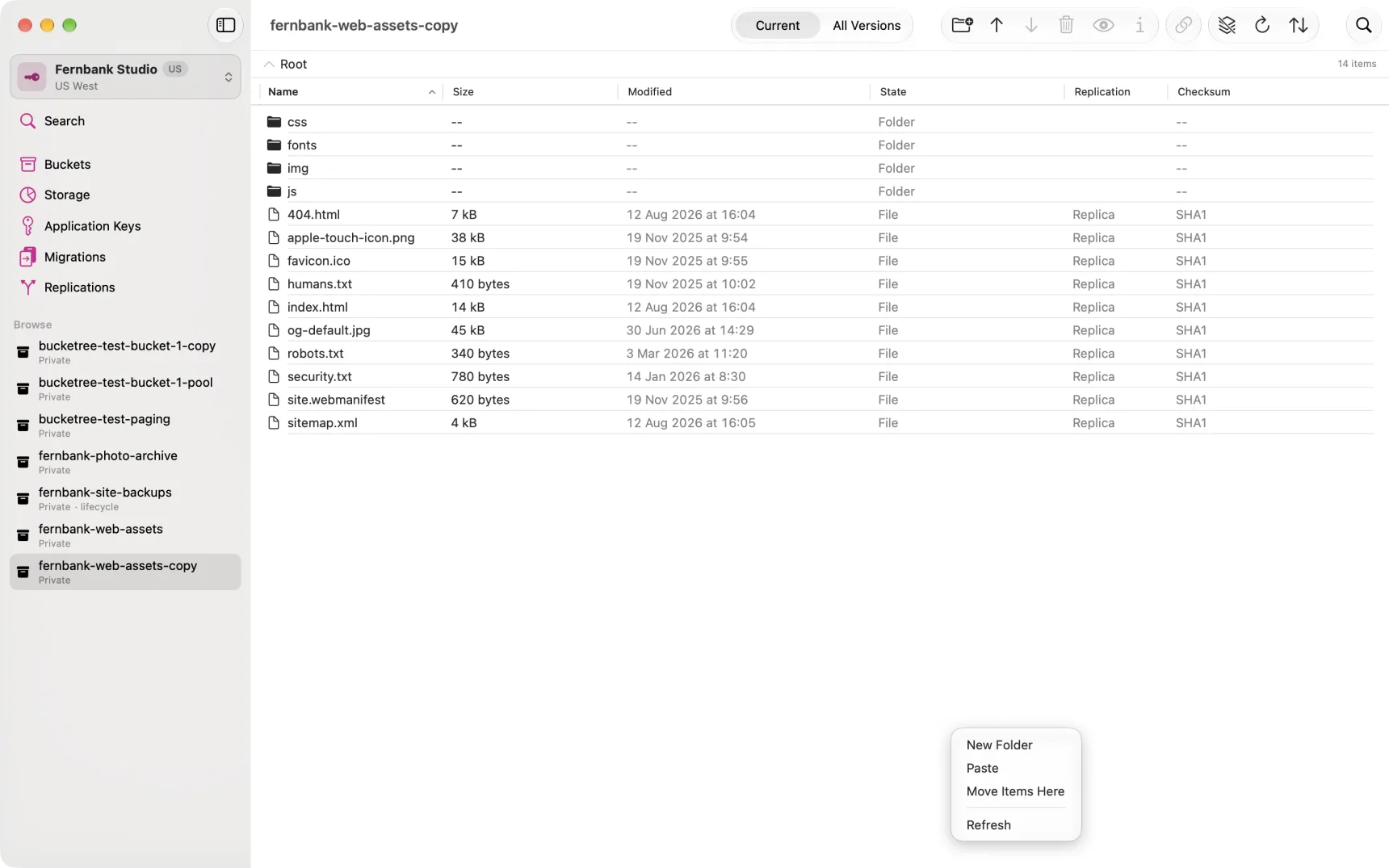 A bucket's right-click menu in Bucketree with Paste and Move Items Here.