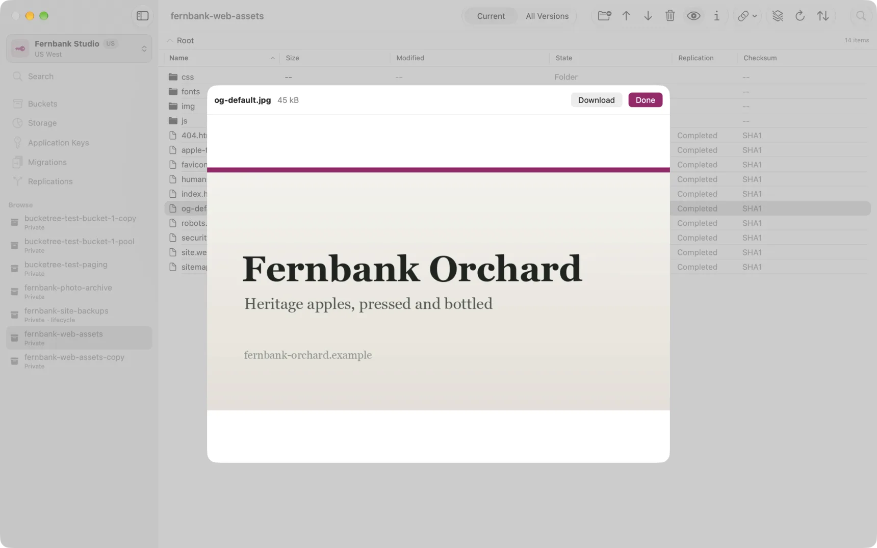 Quick Look showing an image previewed straight from the bucket, with Download
and Done.
