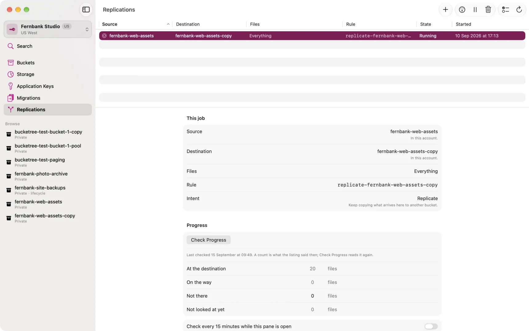 A replication job in the Replications pane, with its detail below and the note that the first count belongs to the rule it replaced.