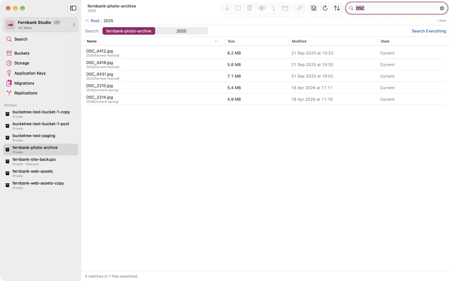 A bucket after a search: the results replace the listing, and a bar above them says what was searched and offers the folder you were in.