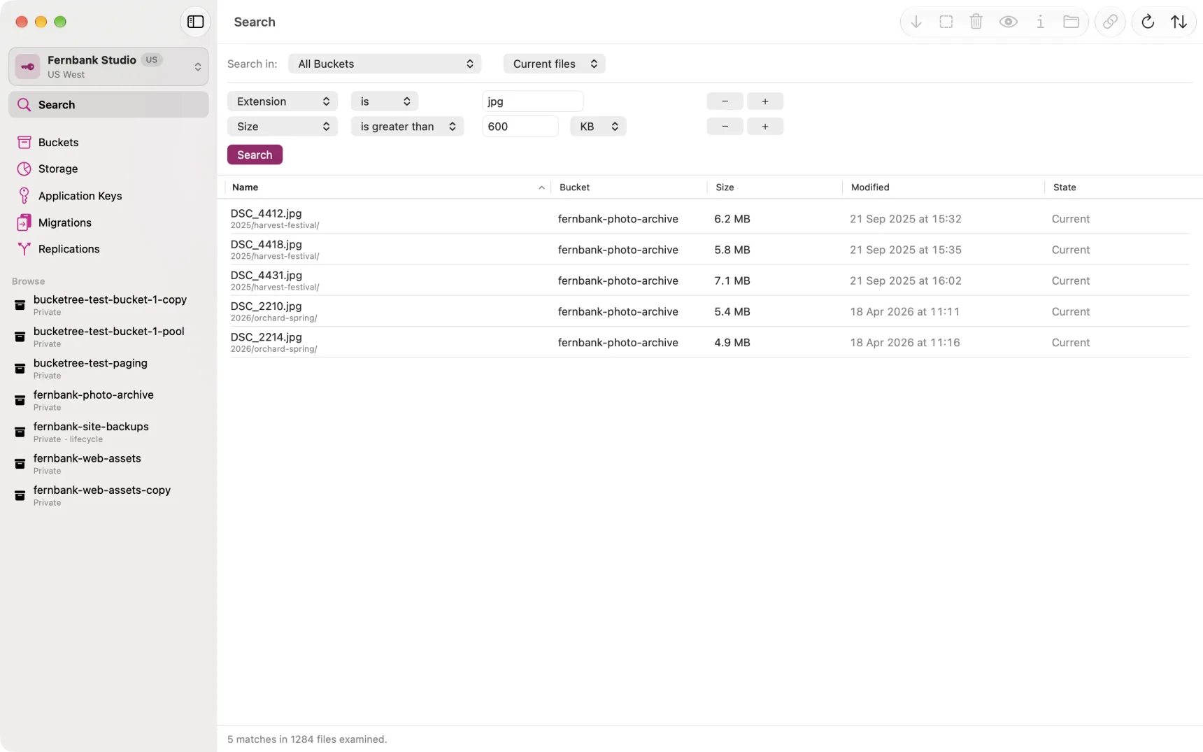 The Search pane: two conditions, every bucket, and results from more than one of them.