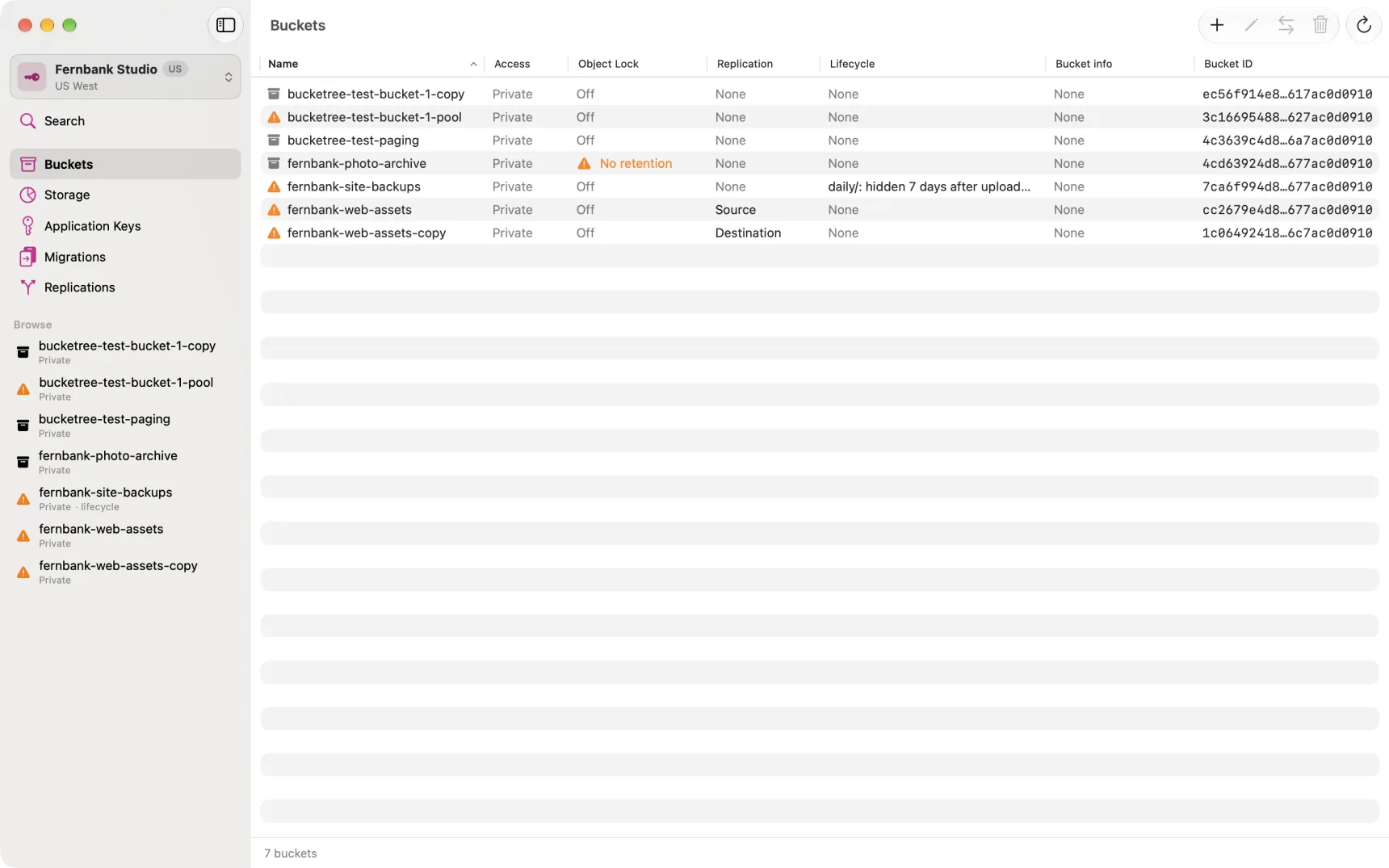 The sidebar, showing the three account views above the buckets one key can reach.