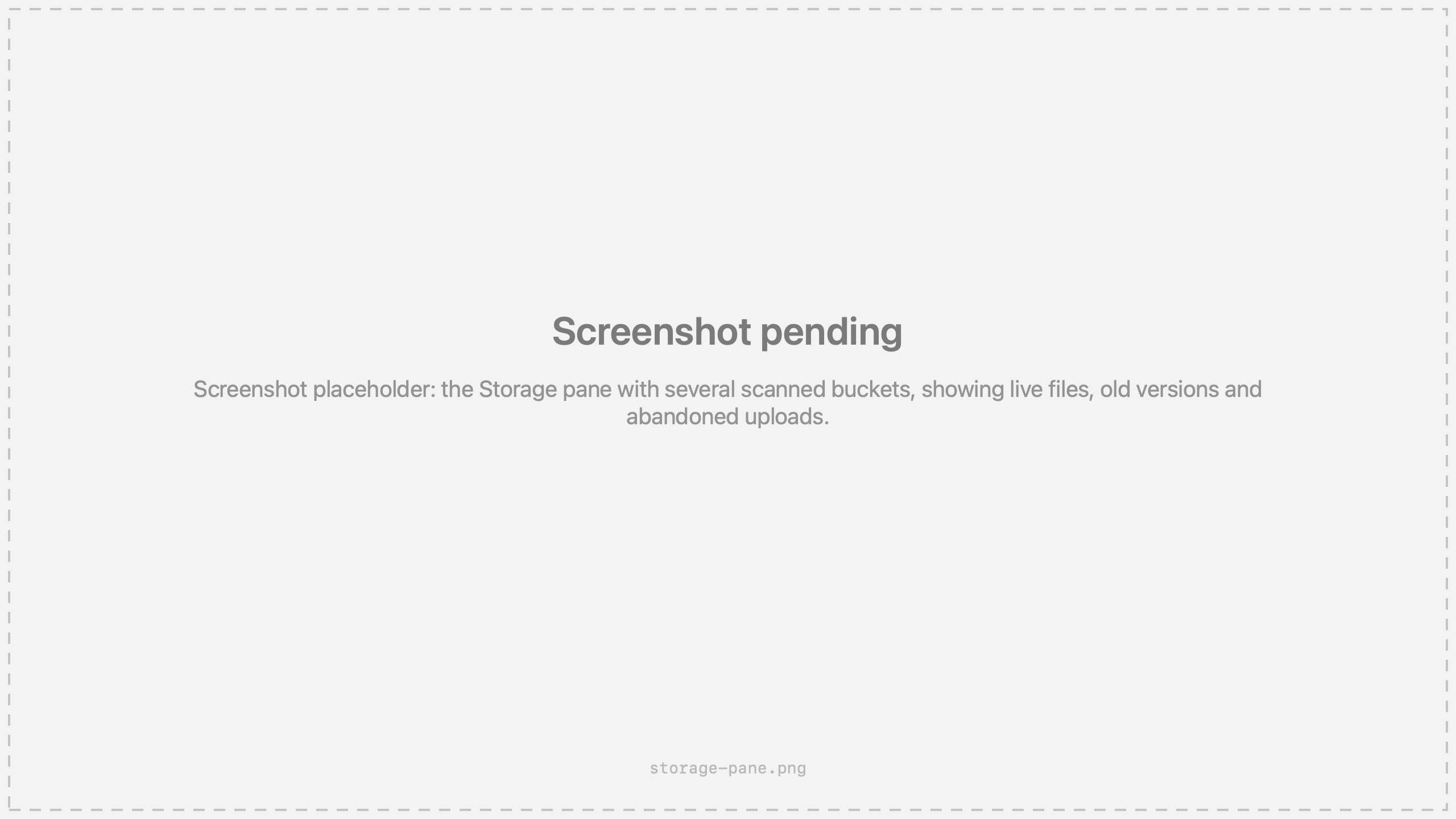 Screenshot placeholder: the Storage pane with several scanned buckets, showing live files, old versions and abandoned uploads.