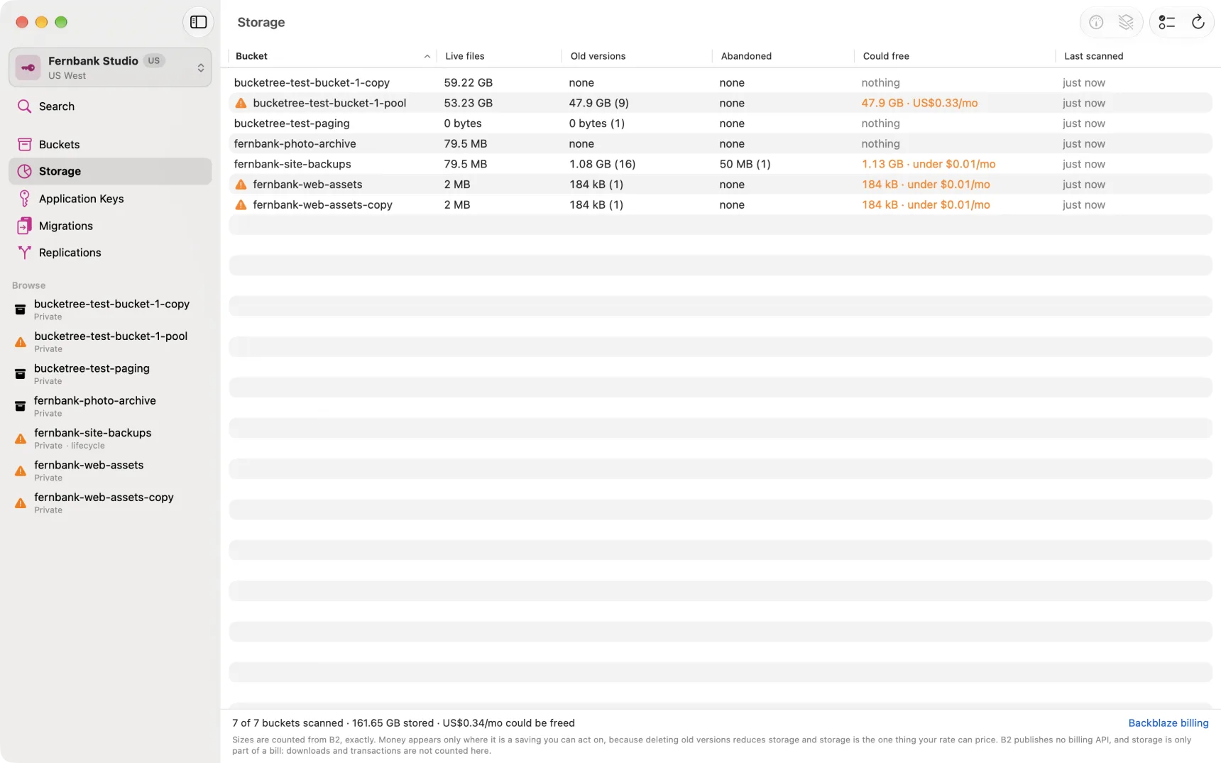 The Storage pane after a scan, showing live files, old versions, abandoned uploads and what could be freed.