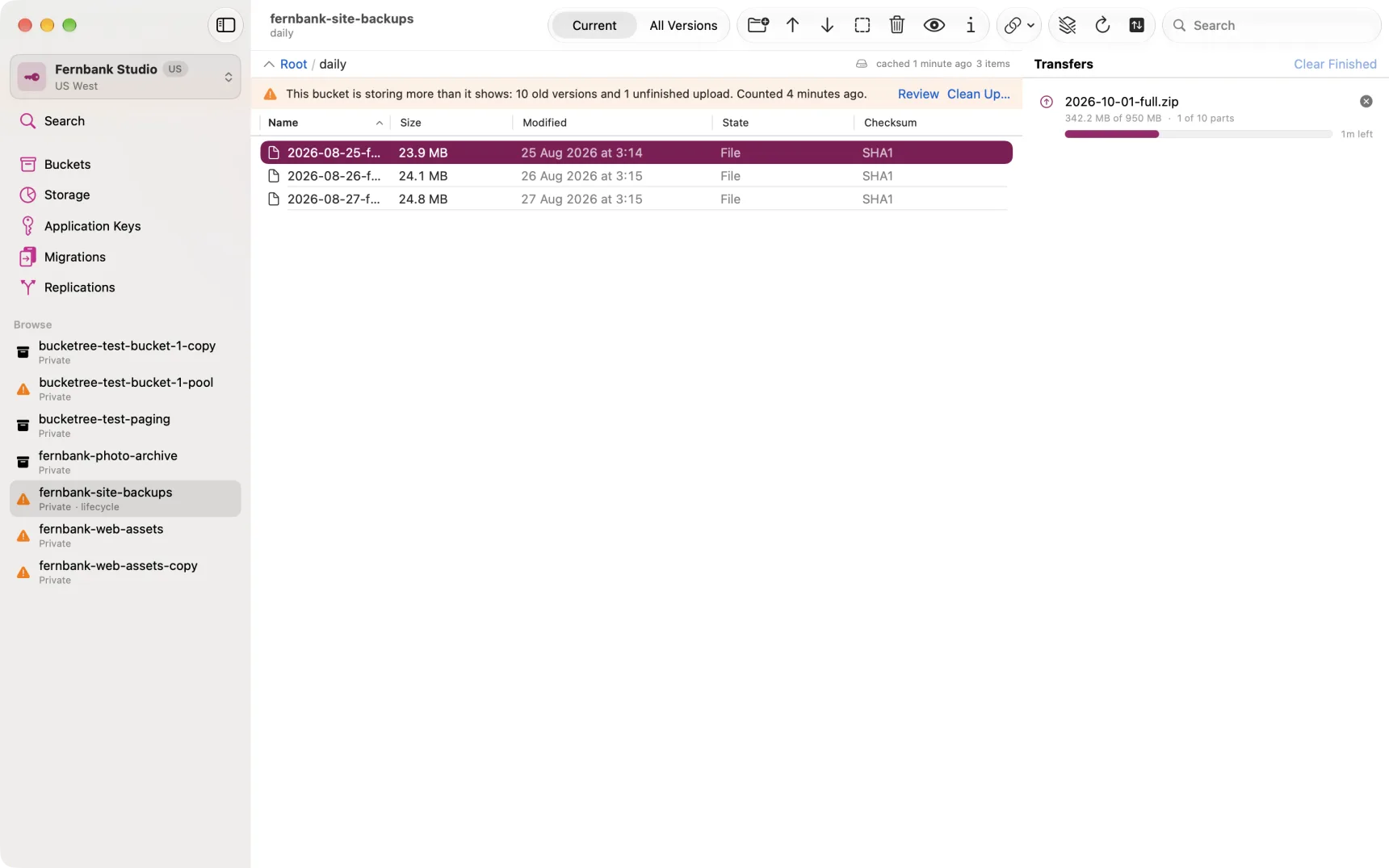 The transfers panel, with an upload in progress and its part count.