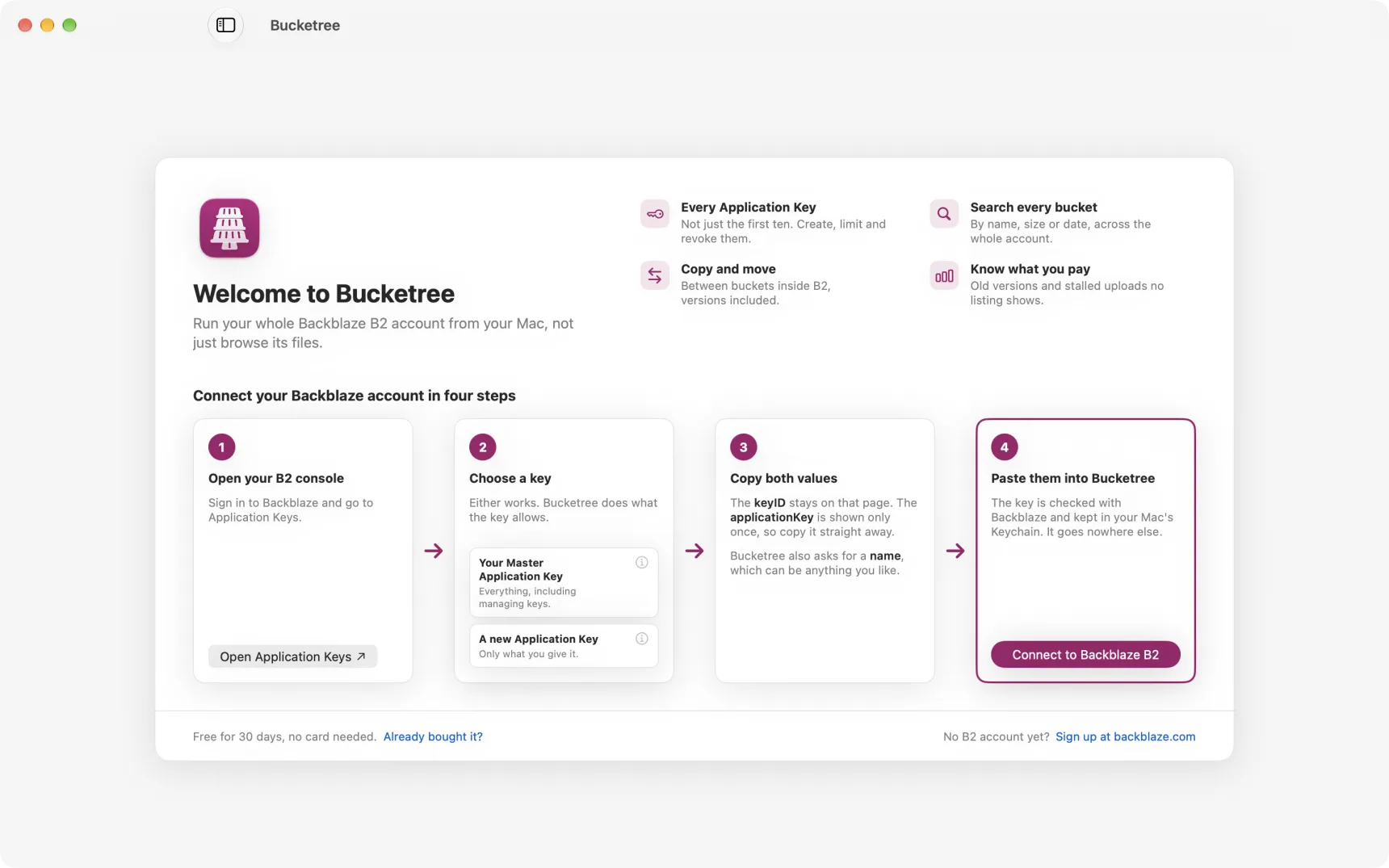 The welcome screen: what Bucketree does, and four steps from the Backblaze console to Connect to Backblaze B2.